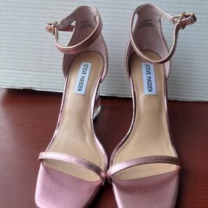 Steve Madden Women's Sandals Heels, Rose Gold Metallic Ankle‎ Strap Lucite Wedge
